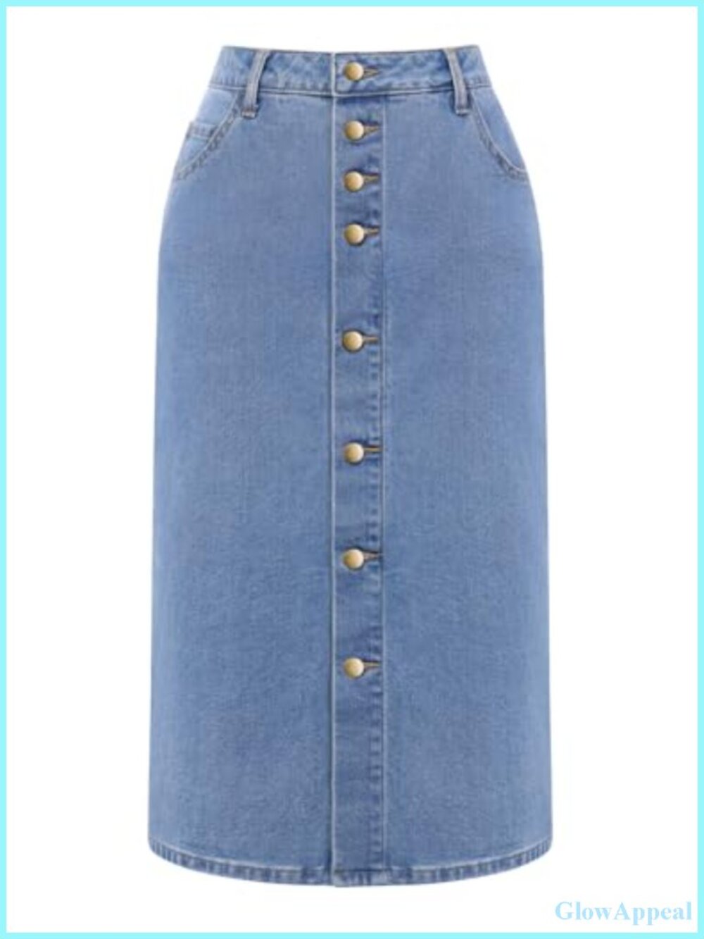 High Waisted Denim Midi Jean Skirt A-Line Button Slit Pockets